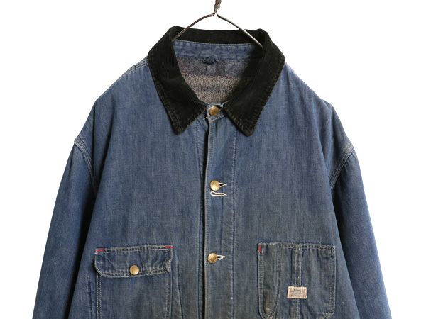 なクーポン配布中! 60s シアーズ デニム カバーオール ジャケット メンズ L 古着 ヴィンテージ ワーク 襟 コーデュロイ ブランケット ライナー付き