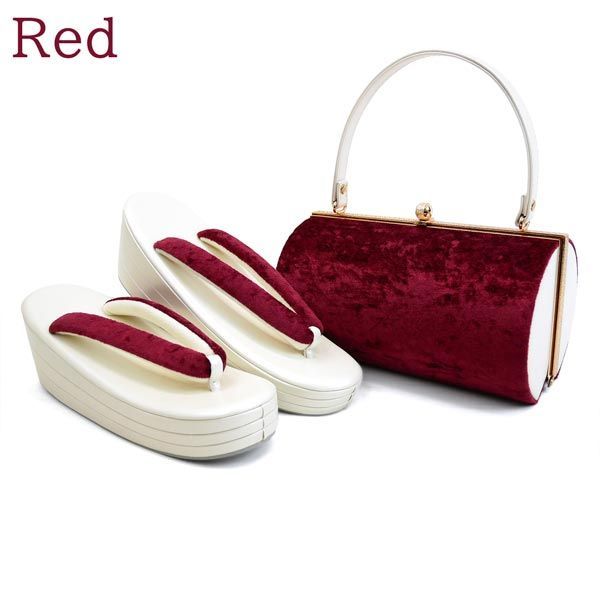 Mサイズ 振袖用 厚底 草履バッグセット zb-019 ベルベット調 ベロア 三枚芯 成人式 振袖 訪問着 付下 小紋 ホワイト 白 赤 レッド ブラック 黒 県 は 京都うさぎ堂