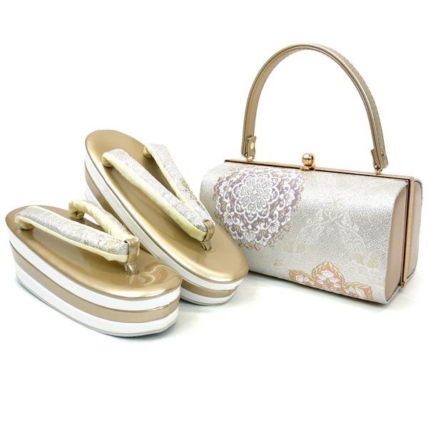 Lサイズ 振袖用 厚底 草履バッグセット zb 076 成人式 振袖 訪問着 付下 小紋 帯地 ラメ シルバー 銀 ゴールド 金 県 は 京都うさぎ堂