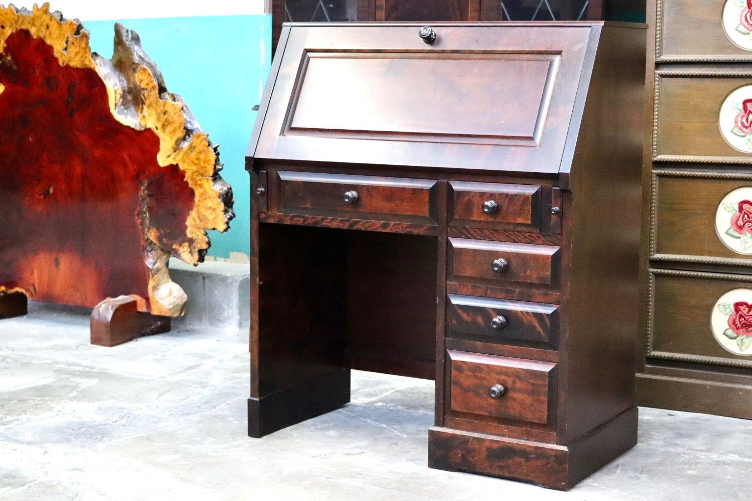 GMIS 324 民芸家具 ライティングビューロー デスク 学習机 勉強机 樺材 無垢 作業台 和室 座敷 和家具 古民家 和モダン アンティーク