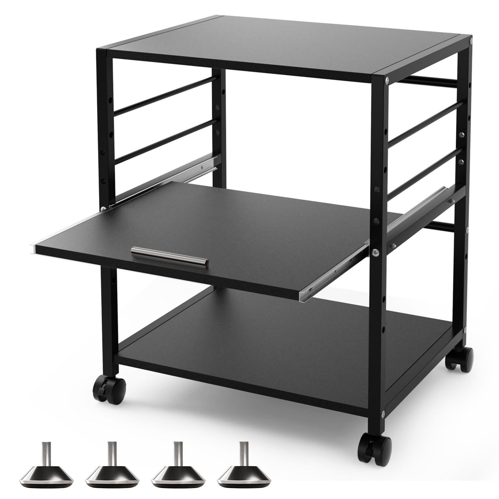 DEWEL プリンター台 ラック ワゴン 木製 3段 キャスター付き 中棚スライド式 カート 机下台 サイドワゴン 棚板高さ調節 プリンター収納 ブラック 高強度のメラミン加工 組立簡単 オフィス 家庭用 幅50x奥行40x高さ64cm ブラック
