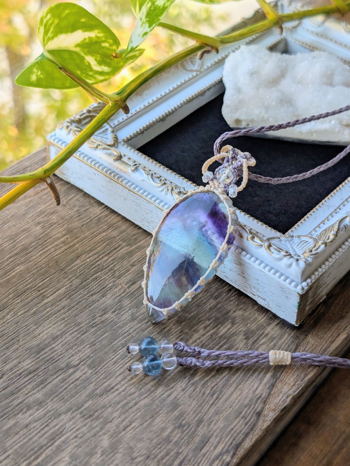 デンドリ入り 特大 マルチ フローライト フローライト マクラメ編みネックレス 459 マクラメネックレス