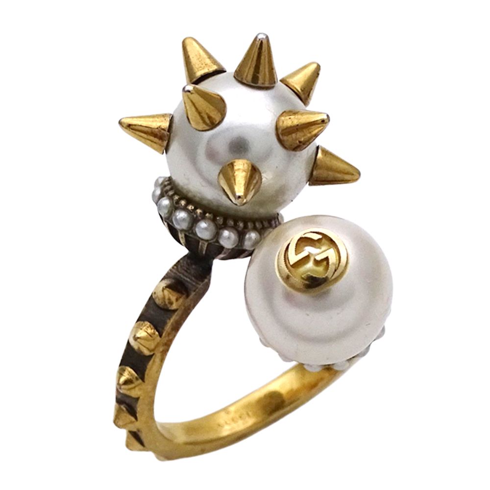 グッチ GUCCI リング レディース メンズ ブランド インターロッキング 指輪 フェイクパール メタル ゴールド 約13号 スパイク スタッズ