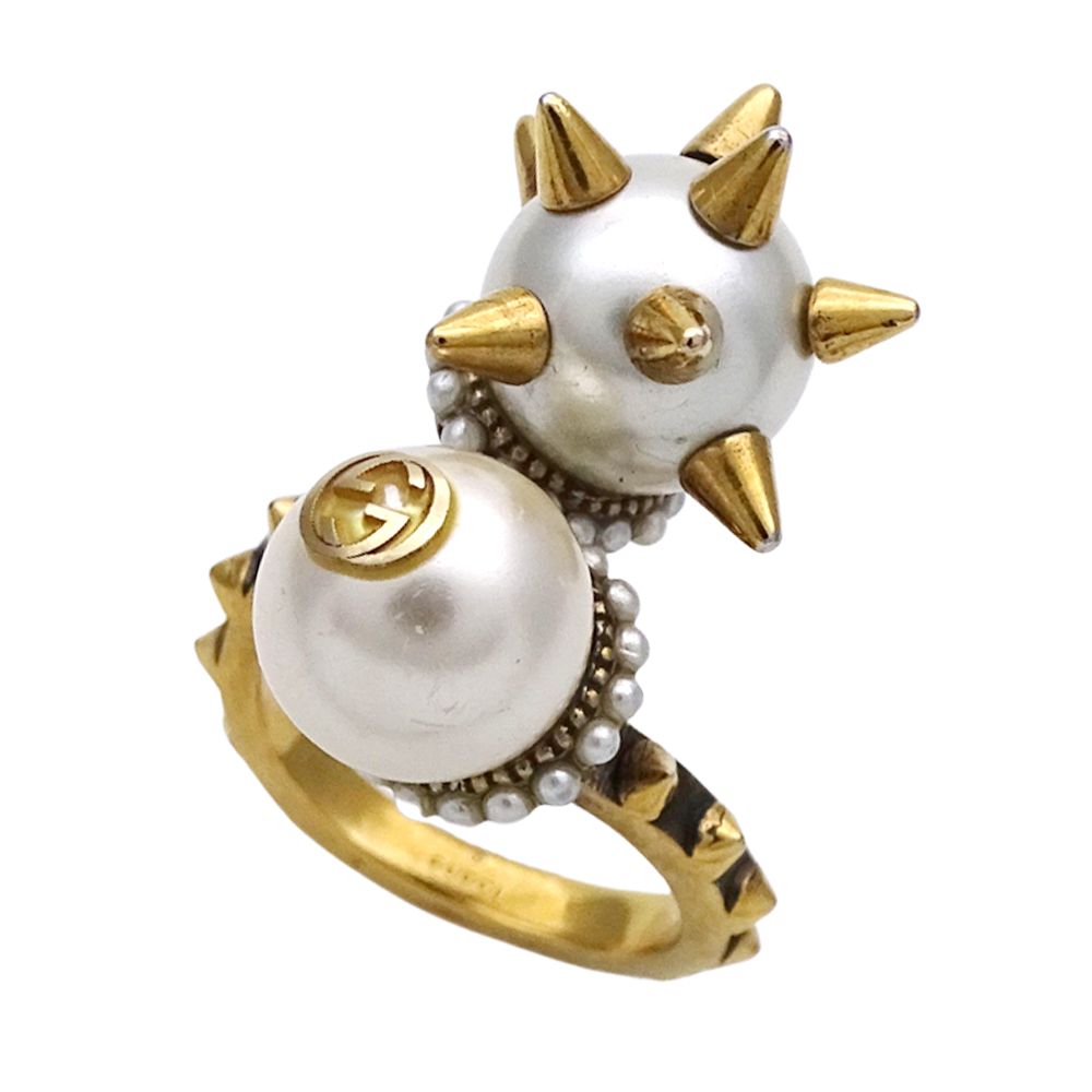 グッチ GUCCI リング レディース メンズ ブランド インターロッキング 指輪 フェイクパール メタル ゴールド 約13号 スパイク スタッズ