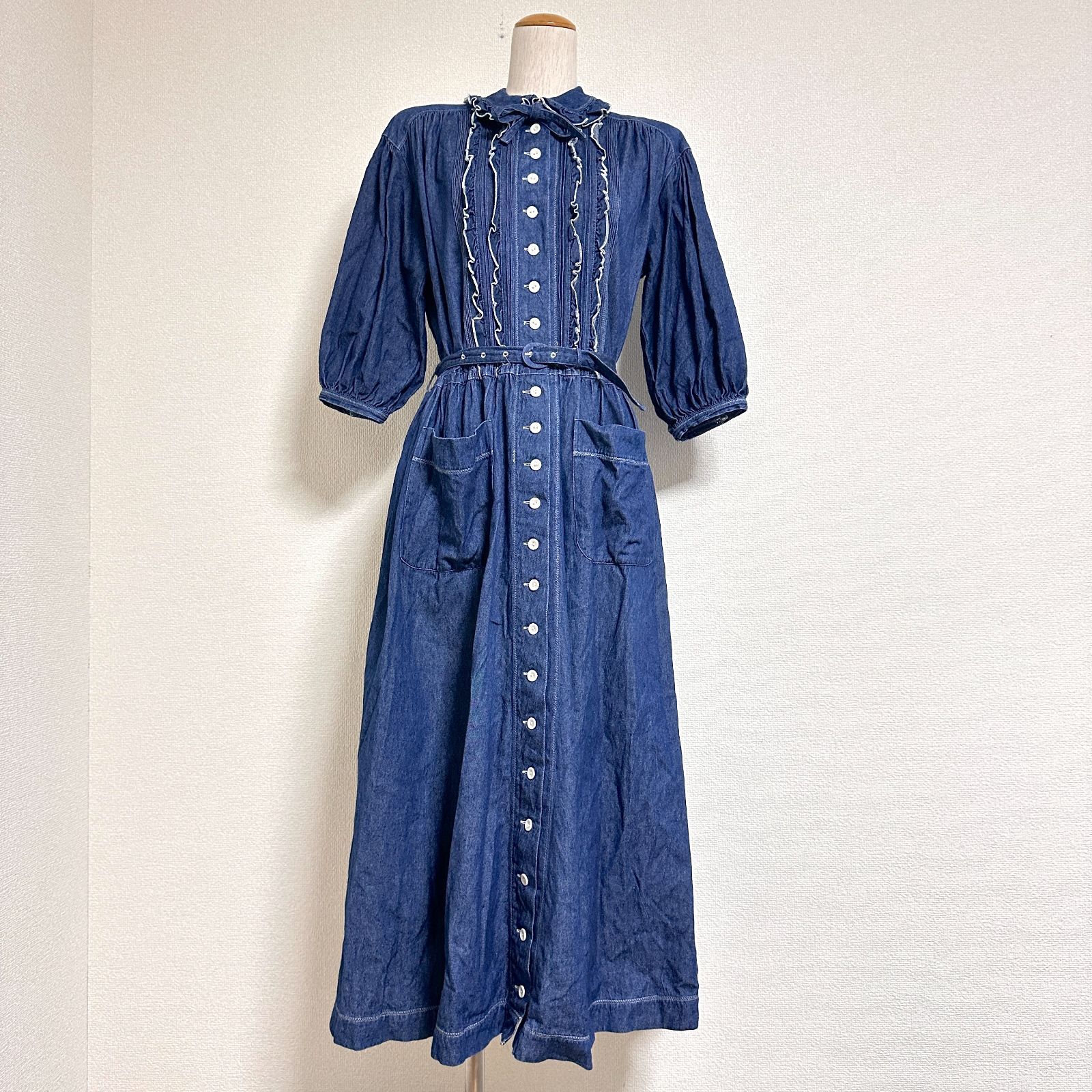 PINK HOUSE 90s ヴィンテージ 7分袖 デニムシャツワンピース 肩パッド 
