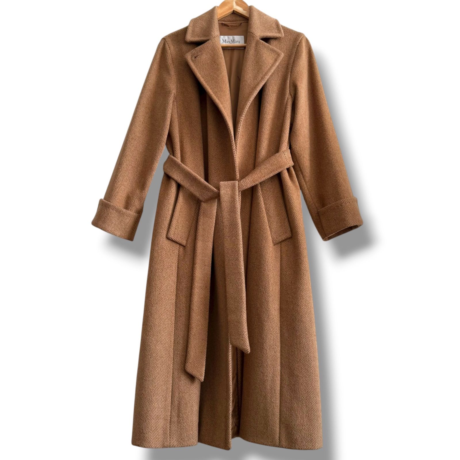 極美品 白タグ MaxMara 上質ヘリンボーン織ロングコート アルパカ 