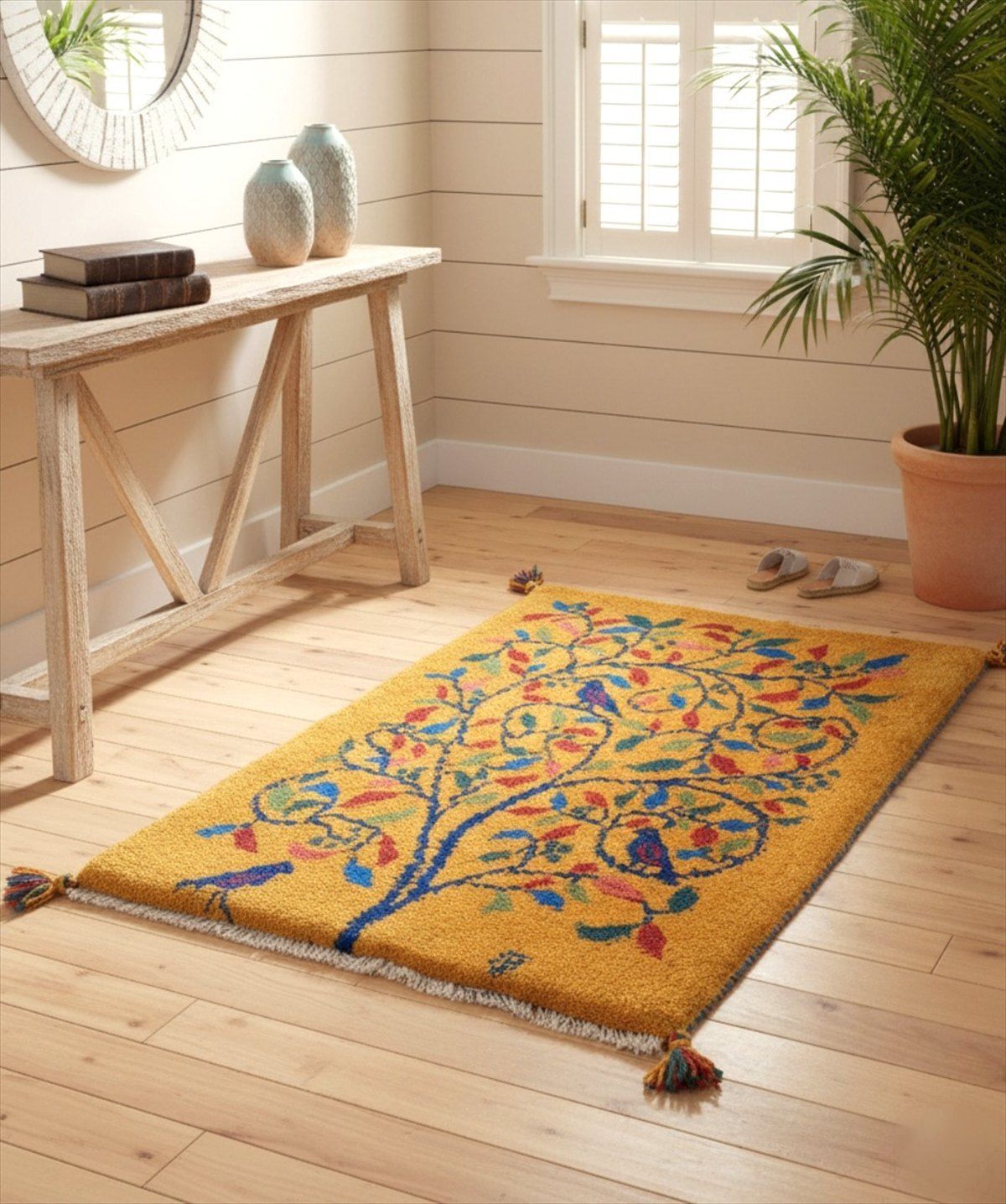 ペルシャ ギャッベ 玄関マット ラグ 88x60cm 黄金色 生命の木 鳥