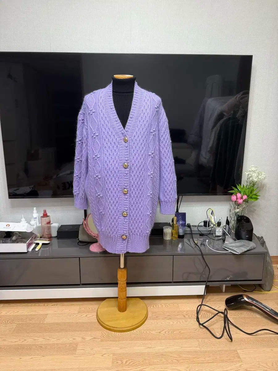 ライトパープル ケーブル編みニットカーディガン