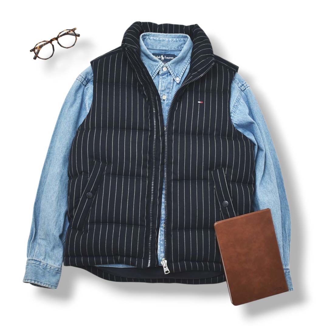 トミーヒルフィガー ウール ダウン ベスト S ストライプ柄 ネイビー