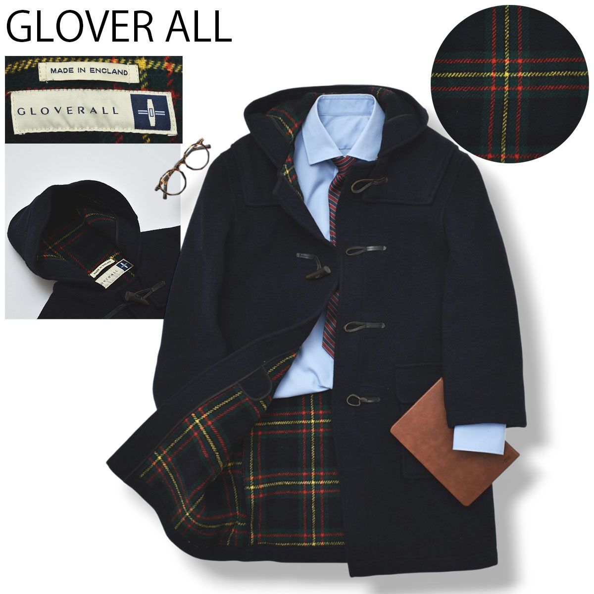 チェック柄 英国製 グローバーオール ウール ハーフ ダッフルコート 紺