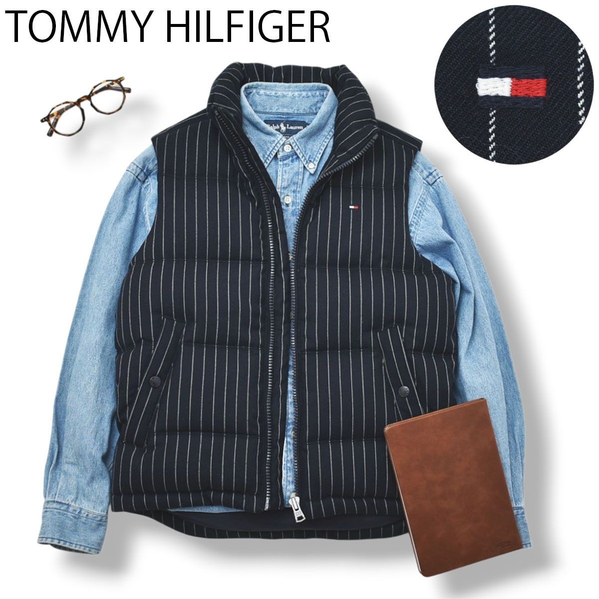 トミーヒルフィガー ウール ダウン ベスト S ストライプ柄 ネイビー