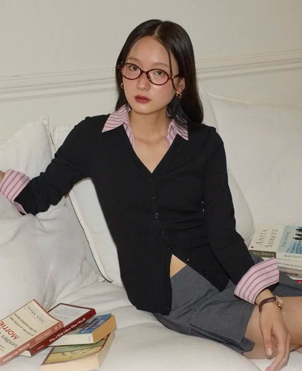 サロン ド ヨン シャツカーディガン ブラック ピンクストライプ M