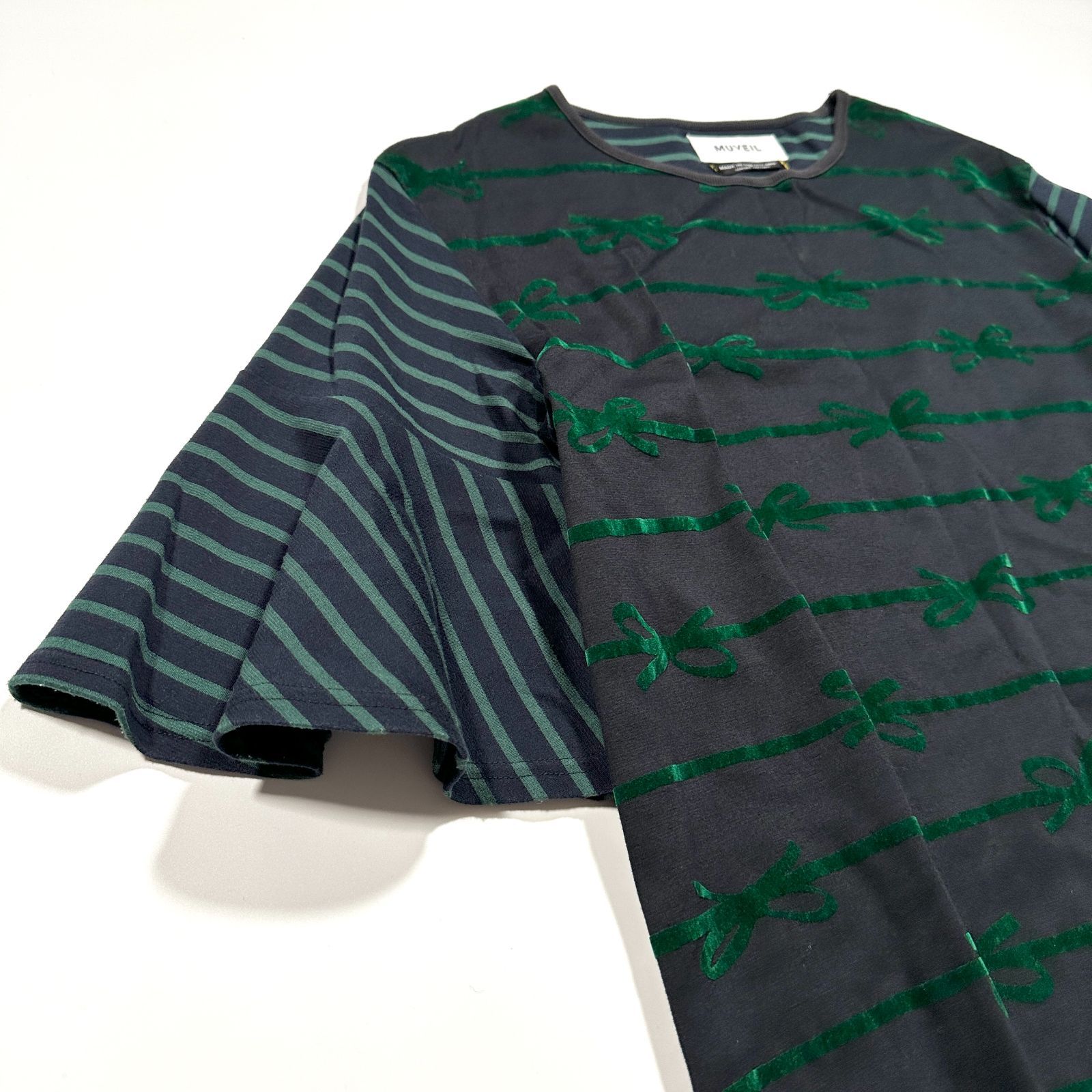 MUVEIL ミュベール ロングワンピース プルオーバー ボーダーリボン 5分袖 グリーン 40