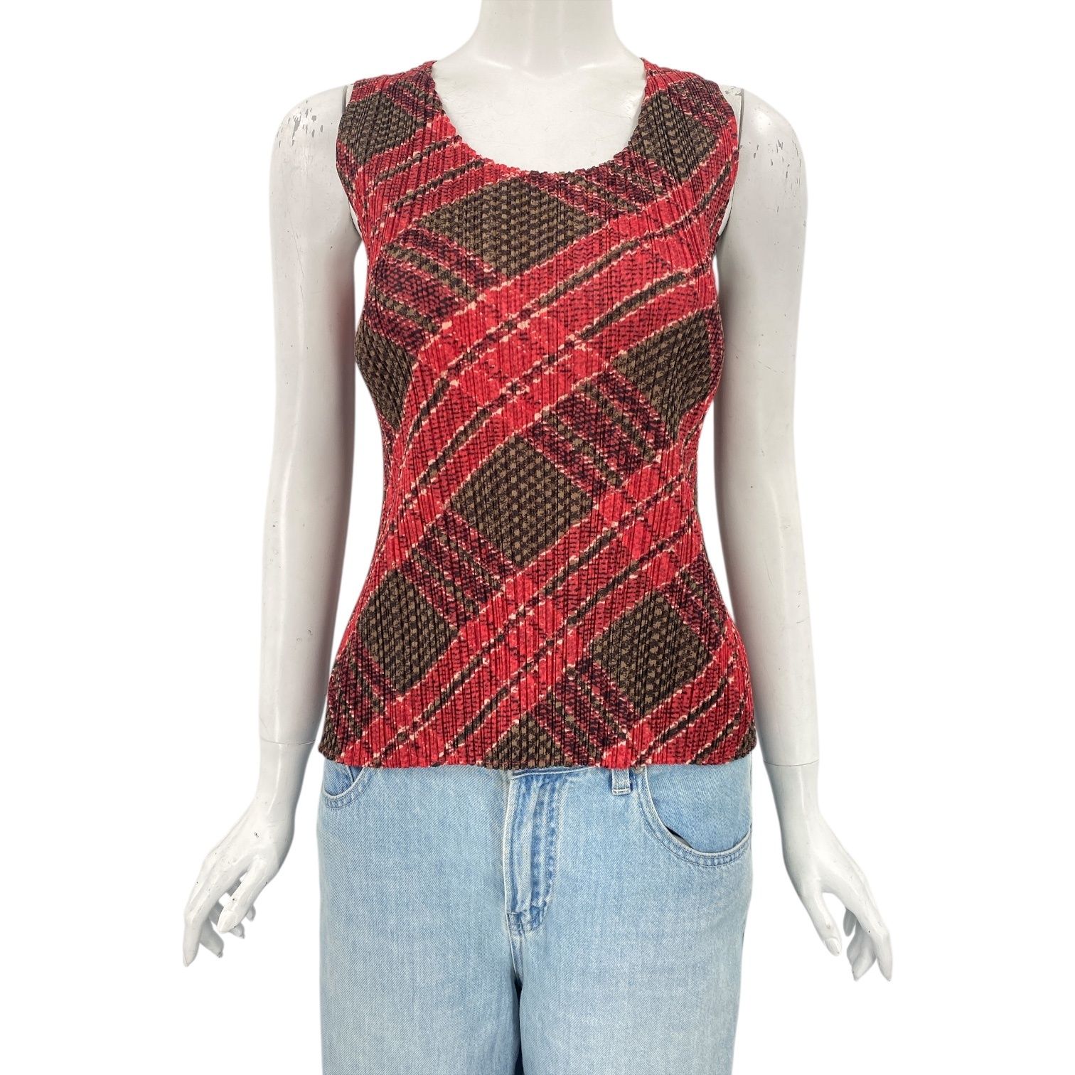 ISSEY MIYAKE イッセイミヤケ PLEATS PLEASE プリーツプリーズ トップス ベスト チェック柄 レッド