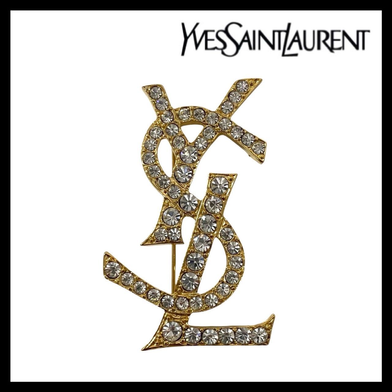 YVES SAINT LAURENT YSLロゴ ブローチ ラインストーン ゴールド 金 ヴィンテージ コサージュ イヴサンローラン SER 5562