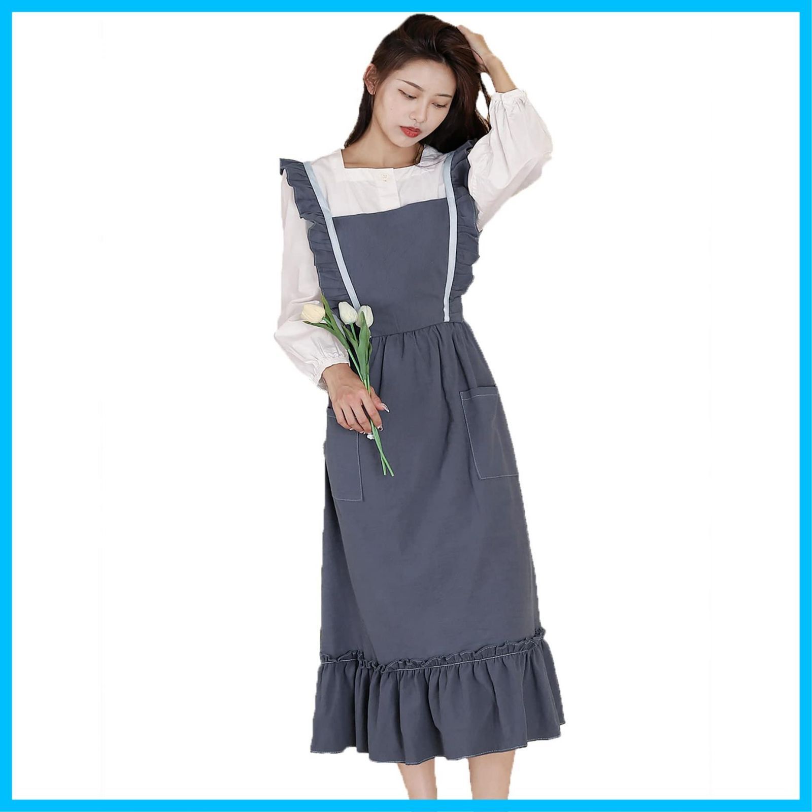 数量 おしゃれ レディース フリル ポケット付き ワンピース型 エプロン ロング ドレス 北欧風 リネン Nanxson 無地 かぶるだけ 保育士 美容師 花屋 料理 家事用