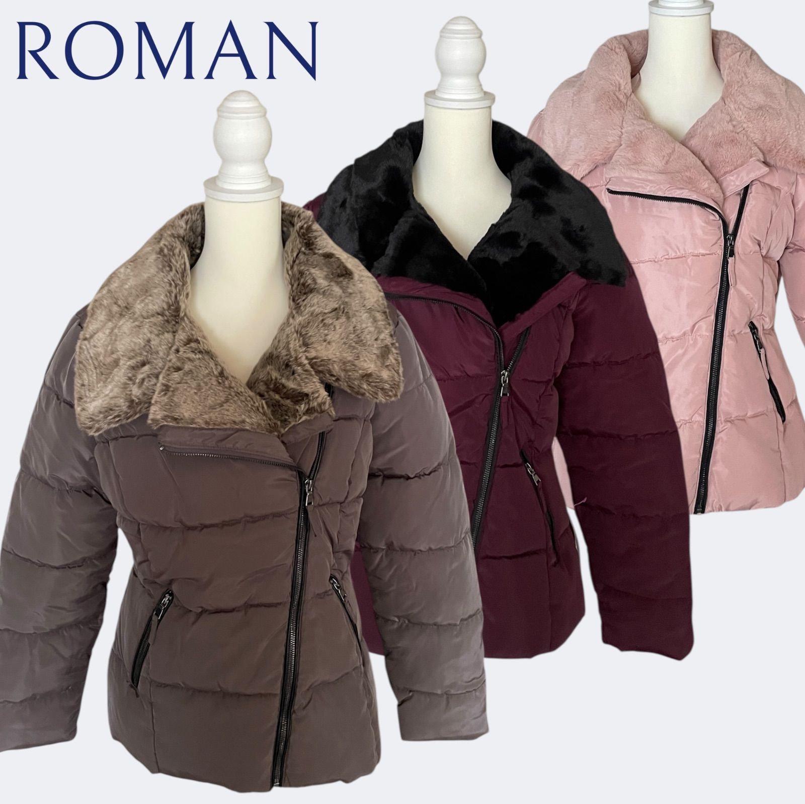 ROMANローマン 秋冬上品お洒落なフェイクファーダウンライダーズジャケット3色 L XL 3L 4L