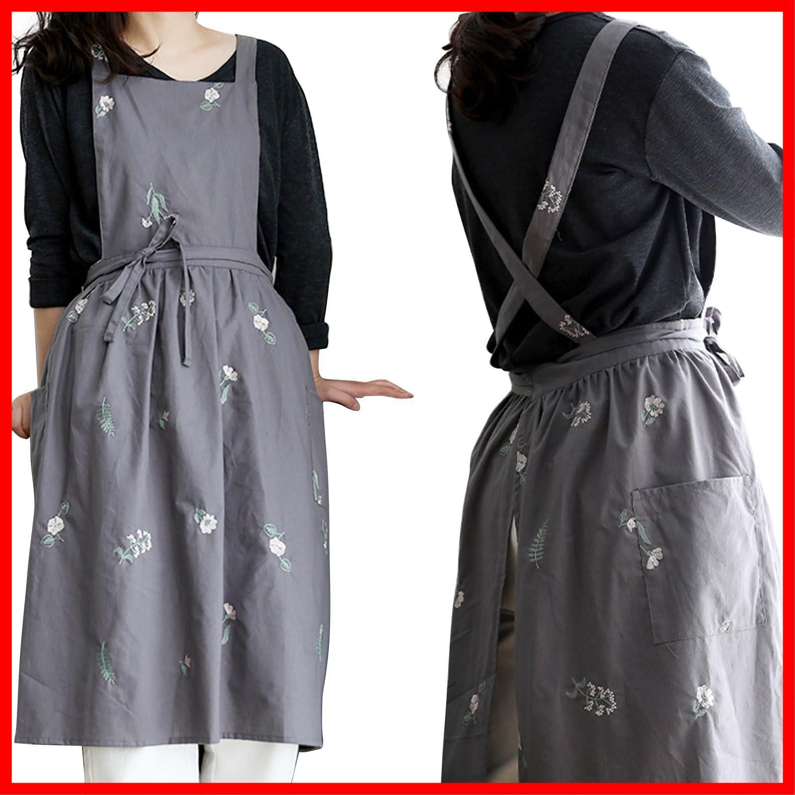 エプロン キッチン エプロンドレスカフェ アフタヌーンティー 大きいサイズ 御洒落作業用エプロン 花屋 厚手のコットンオシャレエプロン h型ポケット付き かわいい刺繍花柄ワンピース防水エプロン 大人用 料理教室 グレー