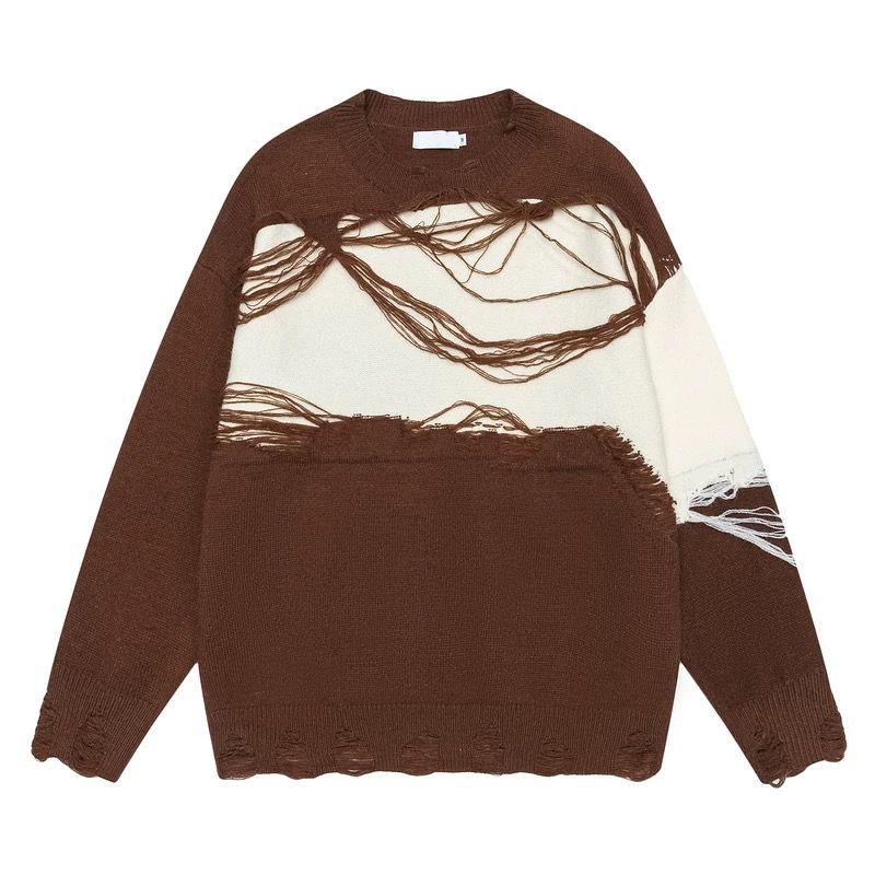 h ヴィンテージアメリカンスタイル ブロック ダメージニット メンズ 冬用 不規則デザイン ゆったりカジュアル