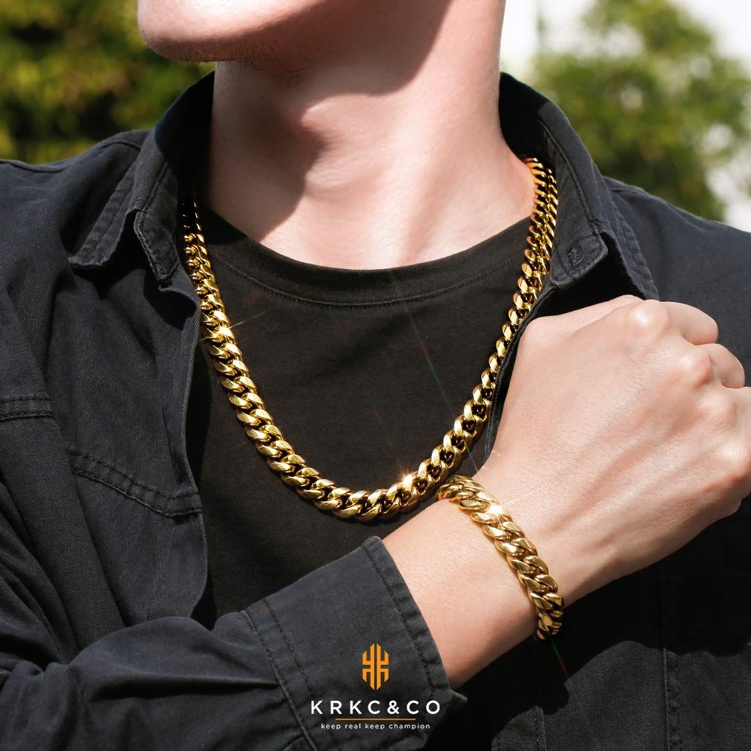  数量 メンズ 幅12 mm マイアミキューバンチェーン 18 k 喜平ネックレス＆ブレスレット ゴールド キヘイ HIPHOP プレゼント セット KRKC CO ギフト その他 アクセサリー