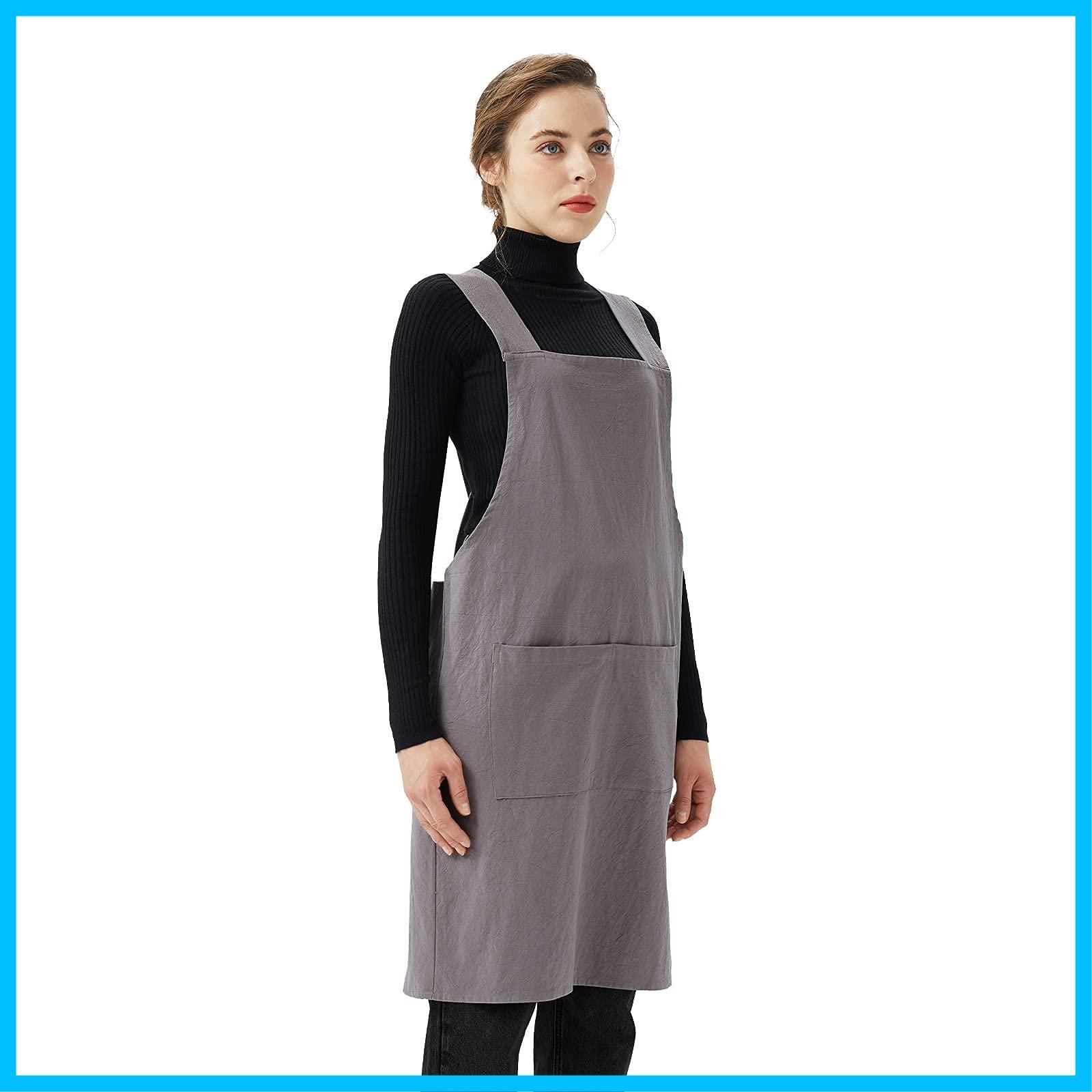 Surblue クロスバックエプロン コットンリネン 無地男女兼用 エプロン ヴィンテージエプロン 和風 ポケット2つ付き