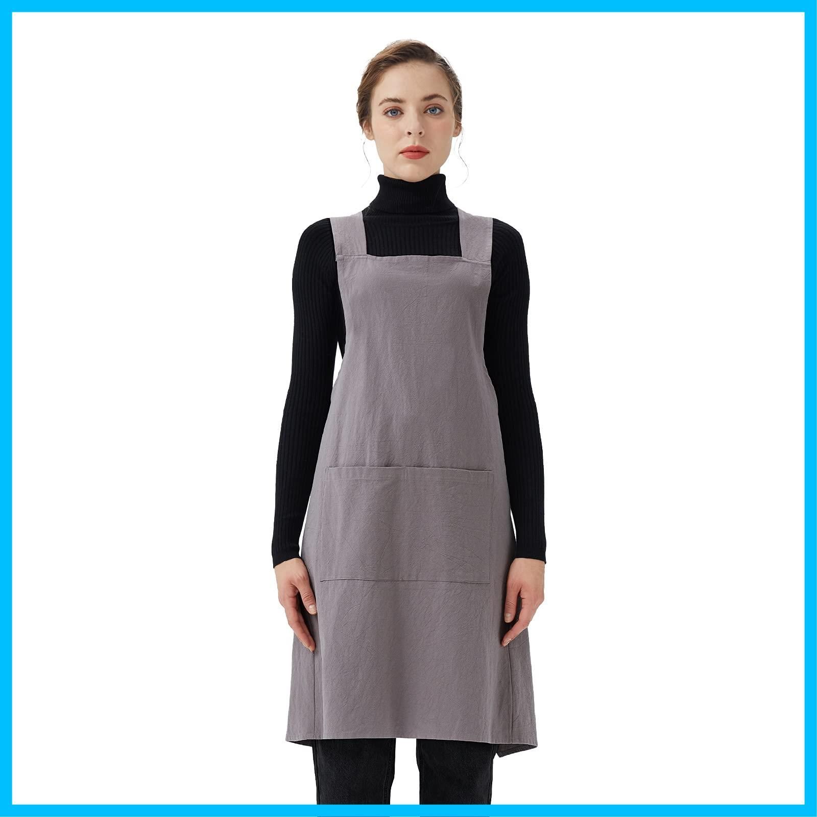 Surblue クロスバックエプロン コットンリネン 無地男女兼用 エプロン ヴィンテージエプロン 和風 ポケット2つ付き