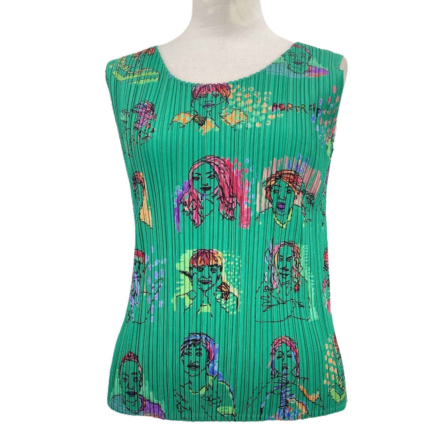ISSEY MIYAKE イッセイミヤケ PLEATSEASE プリーツプリーズ カットソー トップス ベスト マダム柄 グリーン サイズ3 PL
