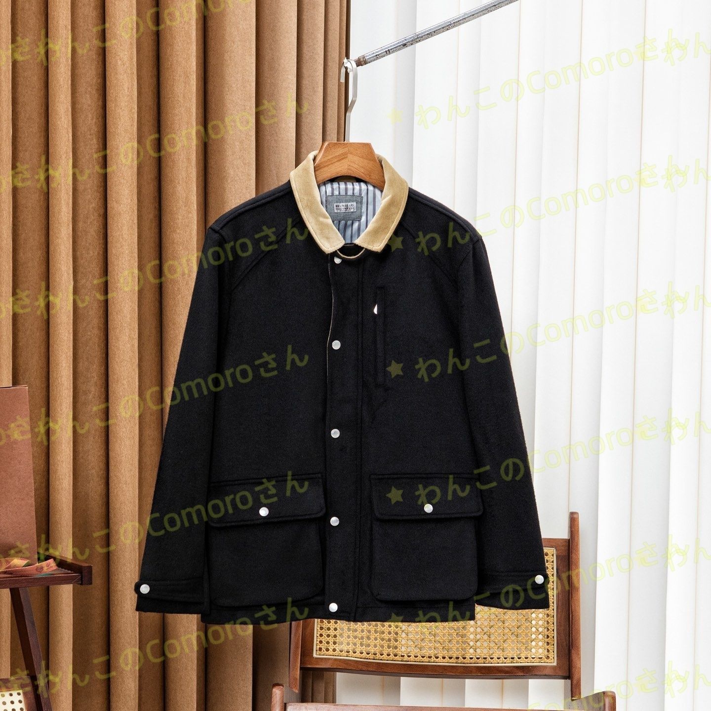 ブラック M~3XL ブルネロクチネリ メンズウール-カシミアジャケット コーデュロイ襟 ビジネスカジュアル 防風防水