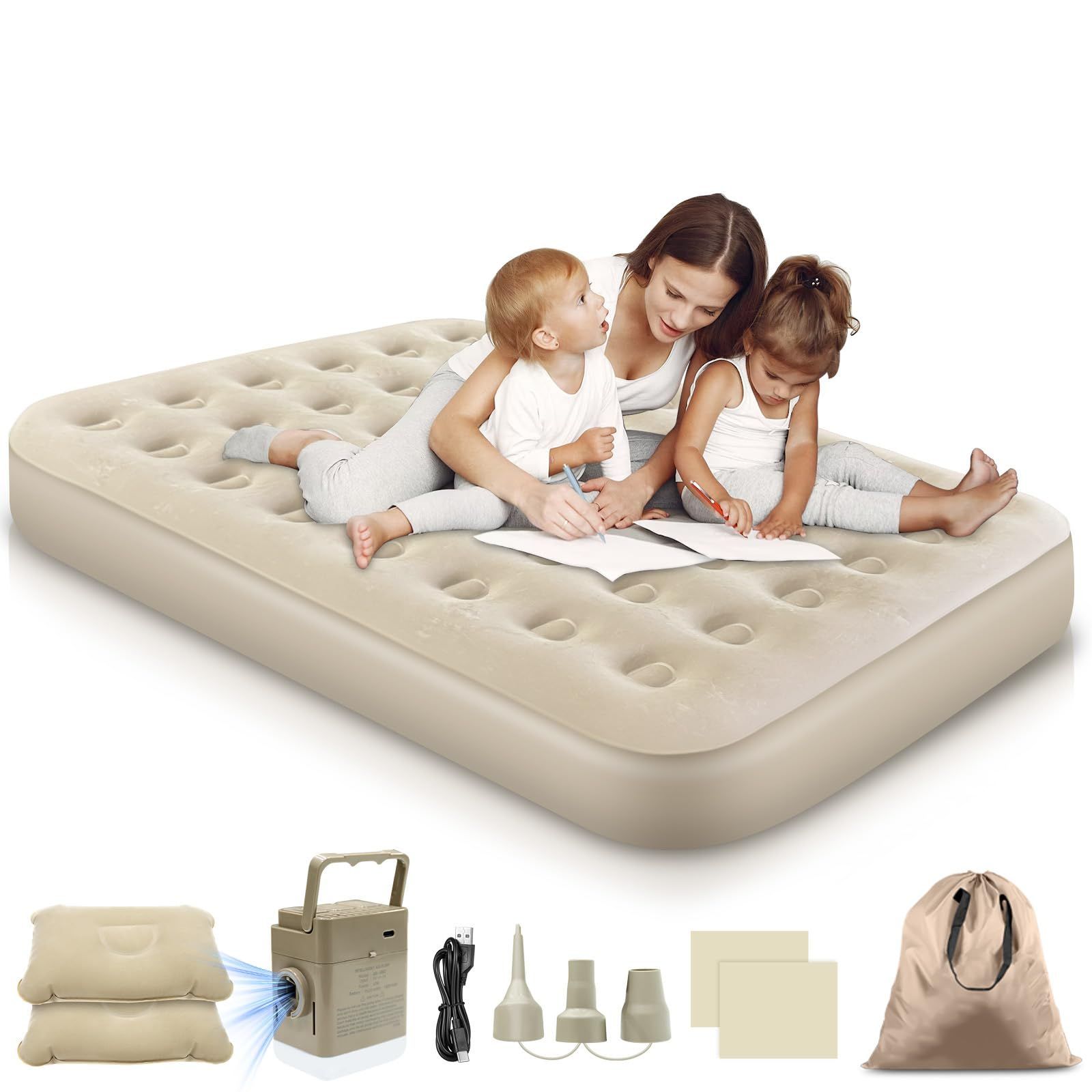 在庫 CoolTry 2025推奨-昇級版 エアーベッド ダブルサイズ 電動ポンプ内蔵 200 150 25cm エアーマット 自動膨張 高反発 厚 折り畳み 電動エアマット 耐荷重300kg キャンプライト機能 枕 収納袋 日本語取扱書付き キャ