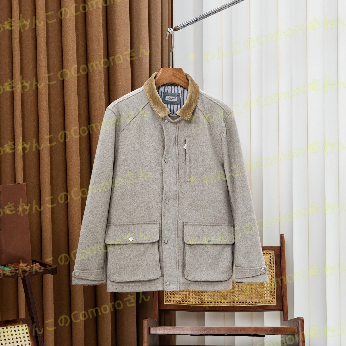 オートミールM～3XL ブルネロクチネリ メンズウール-カシミアジャケット コーデュロイ襟 ビジネスカジュアル 防風防水