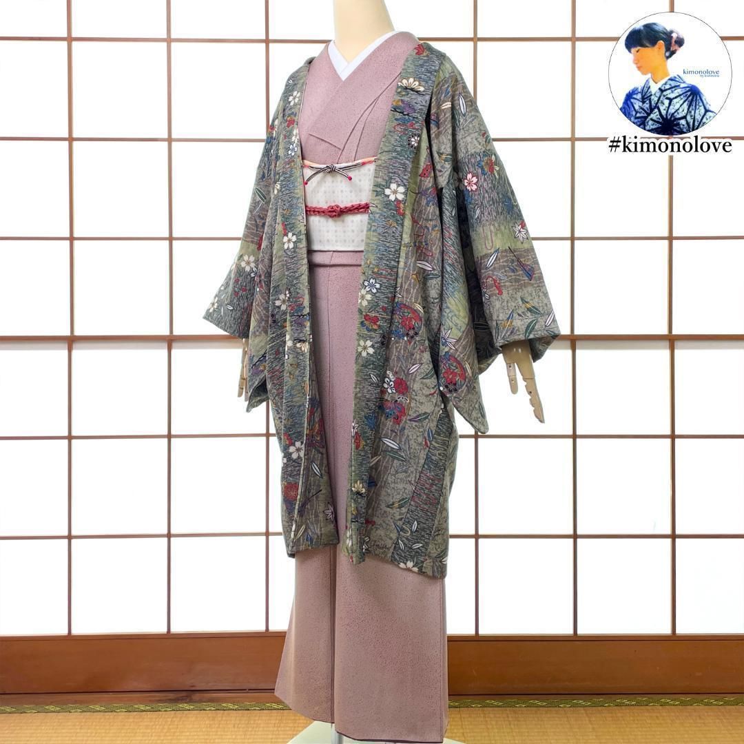 長羽織 正絹 ちりめん地 金彩 和楽器 松竹梅 蝶々 グリーン系 身丈100 cm 着物 kimonolove 仕立替え品 オゾン消臭サービス A 2234