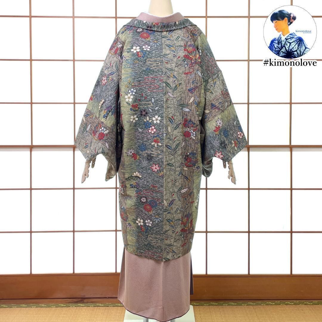  長羽織 正絹 ちりめん地 金彩 和楽器 松竹梅 蝶々 グリーン系 身丈100 cm 着物 kimonolove 仕立替え品 オゾン消臭サービス A-2234 羽織 着物 浴衣