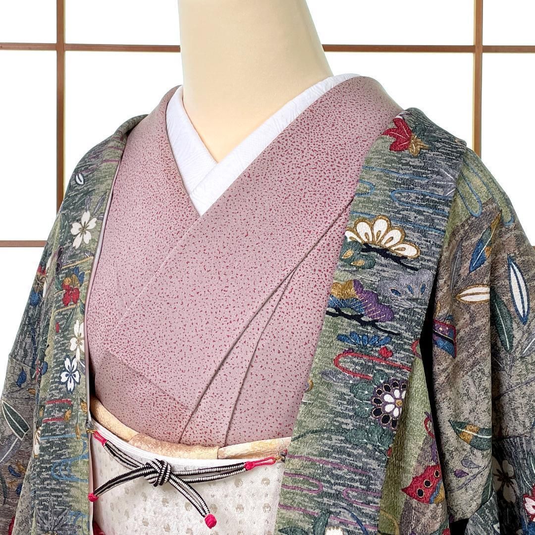 長羽織 正絹 ちりめん地 金彩 和楽器 松竹梅 蝶々 グリーン系 身丈100 cm 着物 kimonolove 仕立替え品 オゾン消臭サービス A 2234