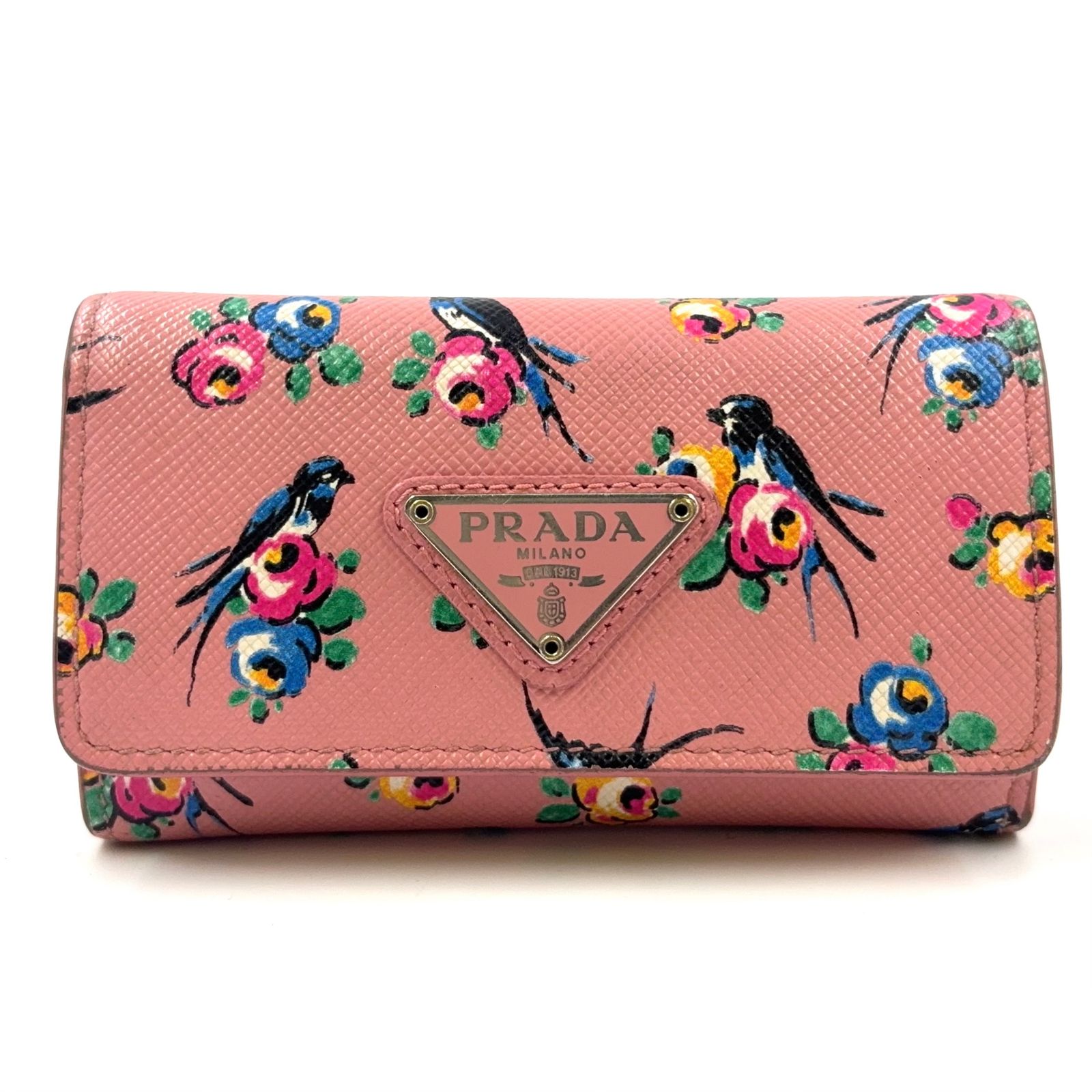 PRADA トライアングルロゴ レザー ピンク キーケース シルバー