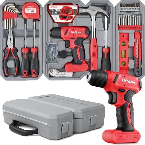 Hi-Spec 電動ドライバーセット 電動工具付き工具セット 8 V電動ドリル 小型で扱いやすい 家庭用DIY 車やバイク整備に 工具 き 58点セット 赤 4421 d 553