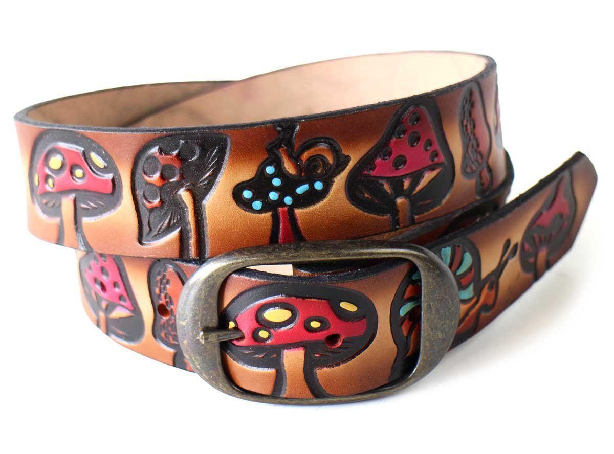 BRACKNEY LEATHER WORKS キノコ カタツムリ 型押し ペイント レザーベルト ブラウン 34 本革 茶 総柄 ヒッピー サイケ