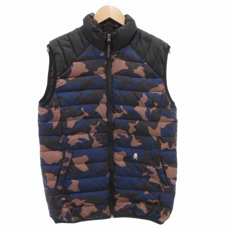 ハイドロゲン HYDROGEN ダウンベスト M ジップアップ 迷彩柄 カモフラ柄 ロゴ 刺繍 黒 ブラック 紺 ネイビー AE GY01