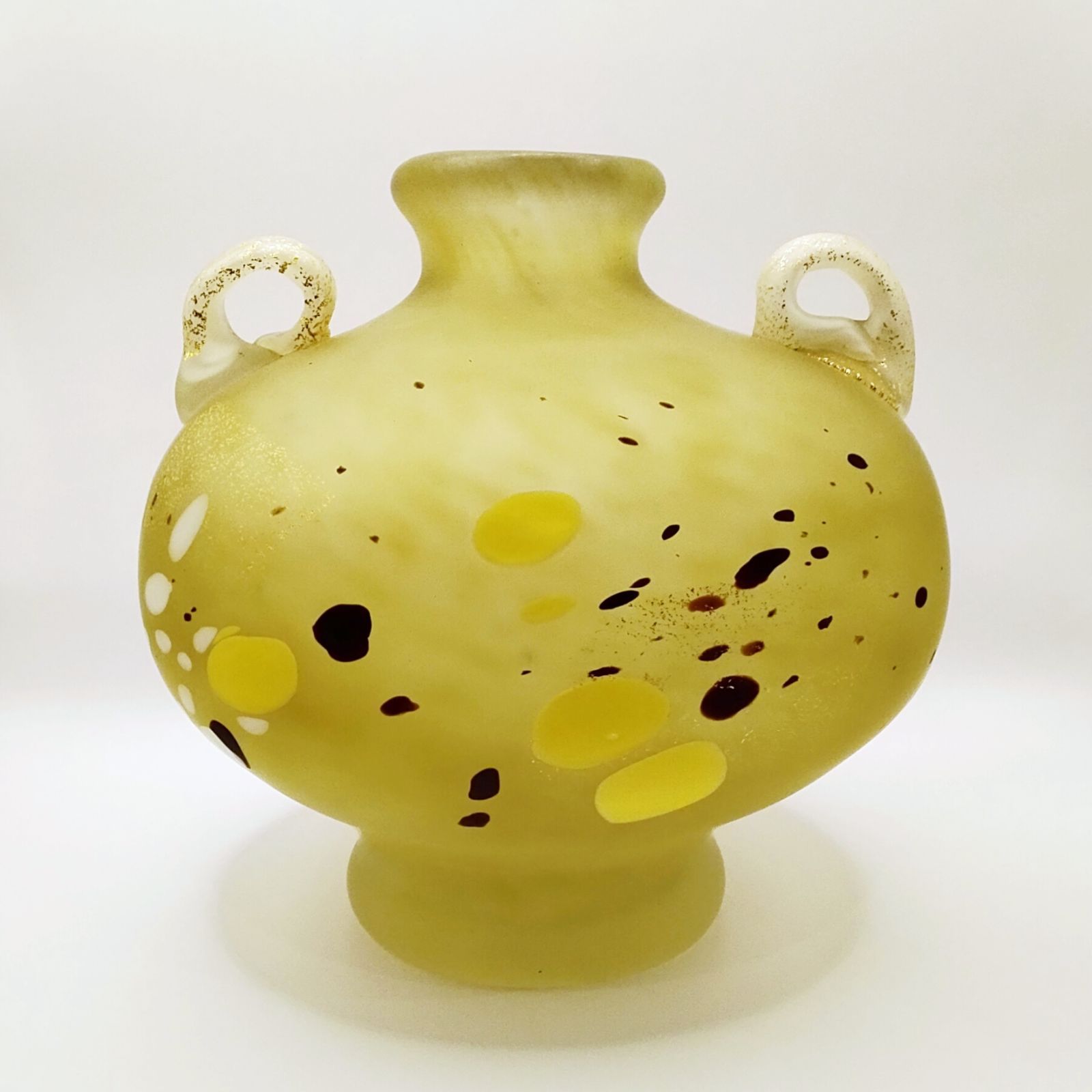藤田喬平 手吹黄茶三彩花瓶 ガラス 工芸 金箔 手吹き製法 共箱付 真作 