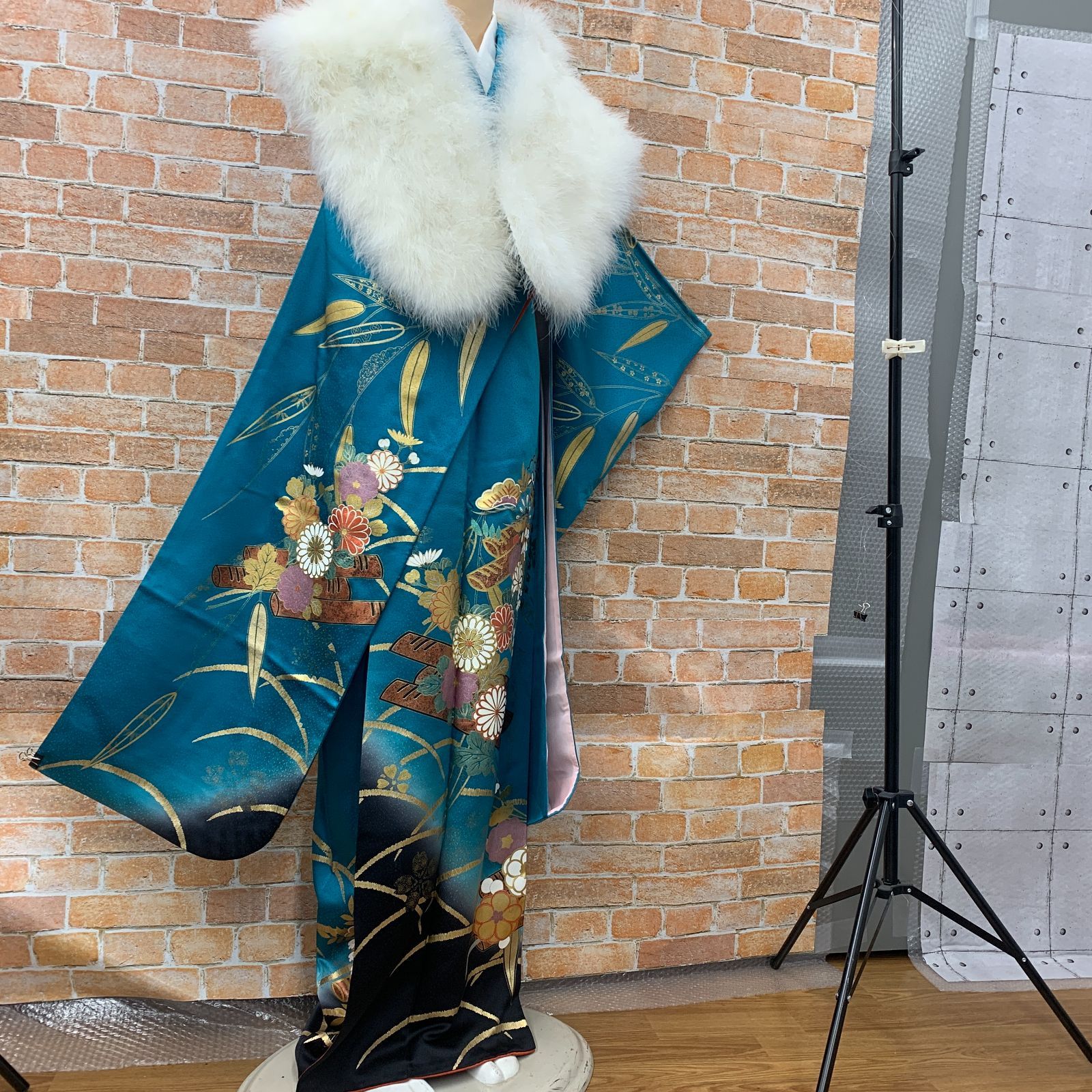 和装 着物 振袖 ショール 2点セット ターコイズブルー系 着丈 約161㎝ YMT 11 033 07 80