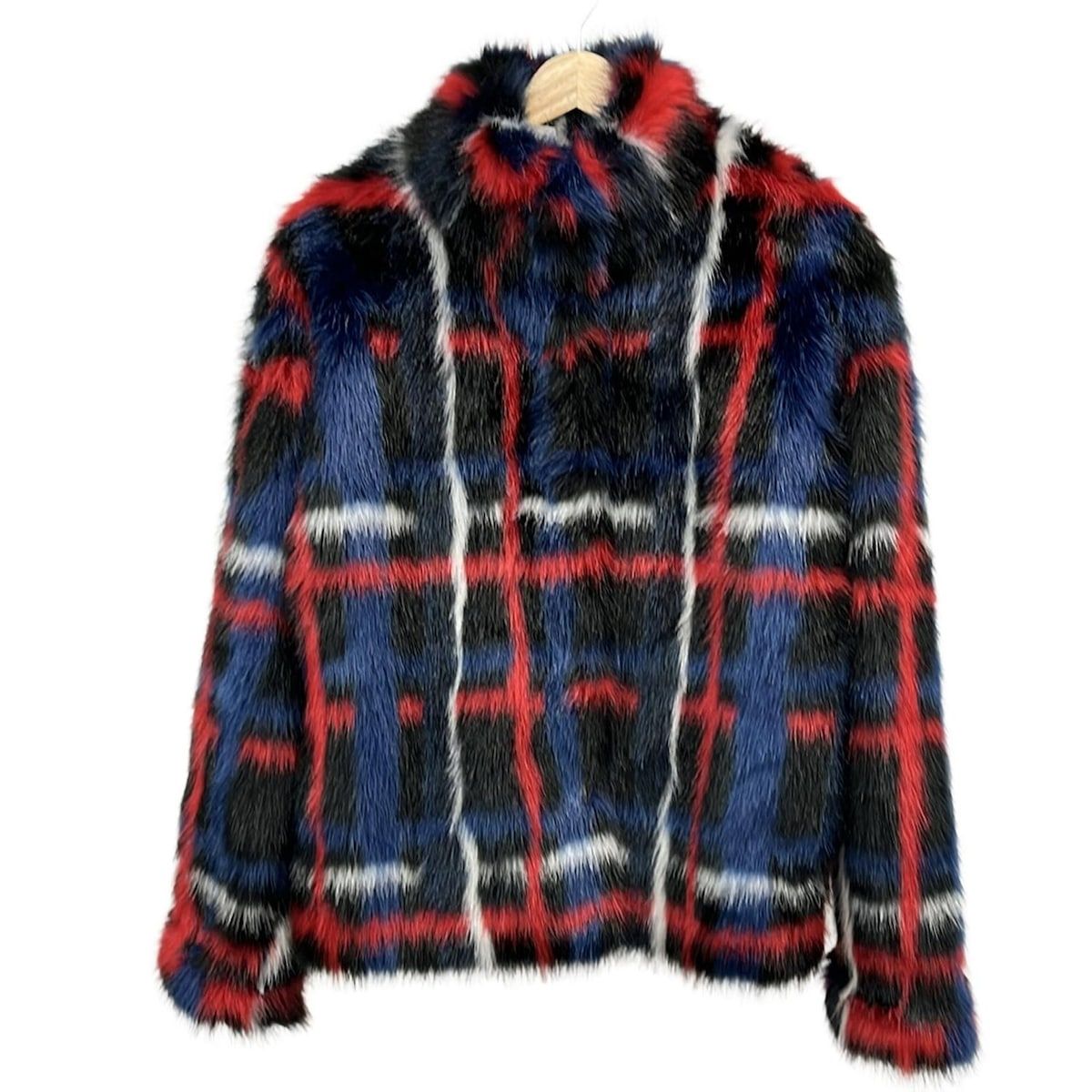 ARMANIJEANS アルマーニジーンズ コート サイズ42 M レディース - レッド×ブルー×黒 長袖 ショート丈 フェイクファー 冬