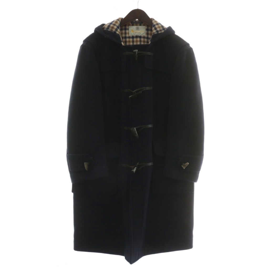 アクアスキュータム AQUASCUTUM ダッフルコート アウター ウール ミドル フード 裏地クラブチェック トグルボタン M 紺 ネイビー XZ GY18