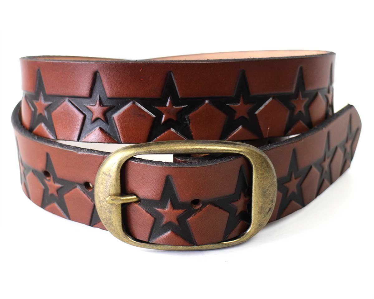 BRACKNEY LEATHER WORKS スター 型押し レザーベルト ブラウン 34 本革 茶 総柄 星