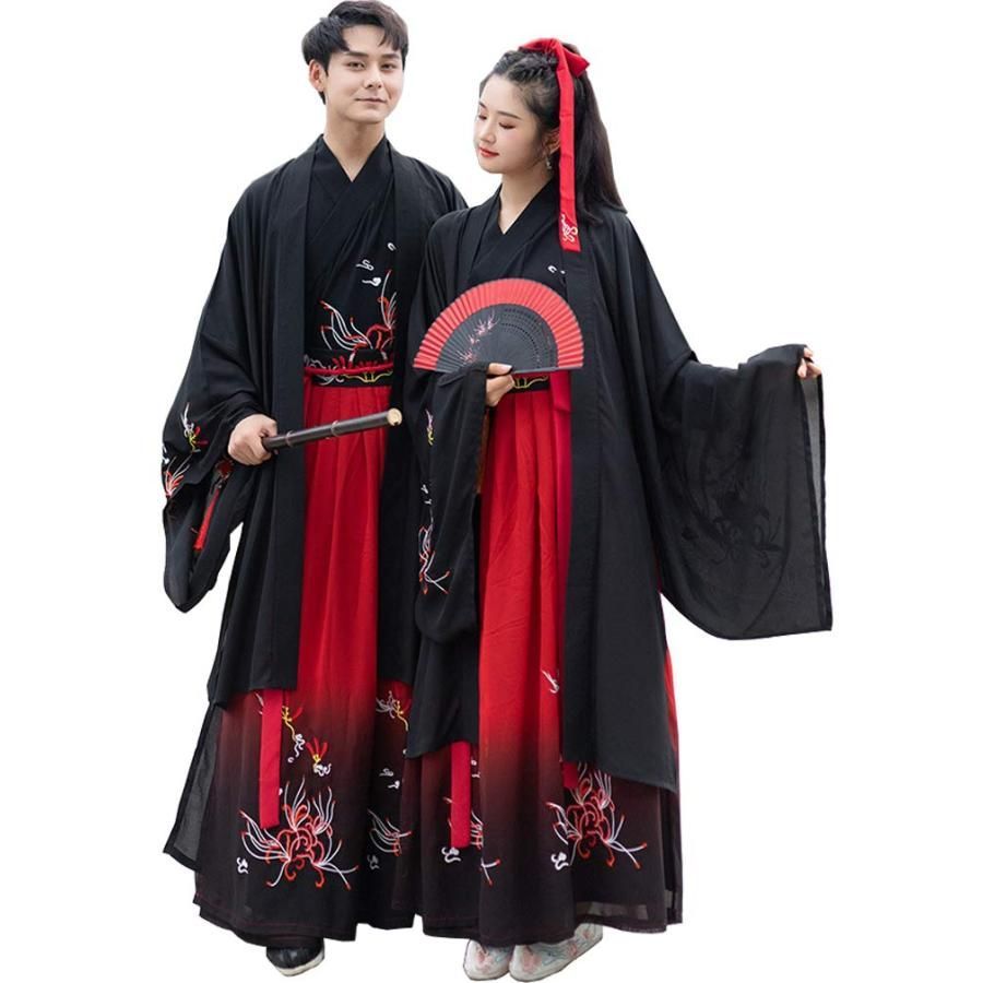 チャイナ服 コスプレ仮装 漢服 レディース 赤 メンズ 侠客 花刺繍 男女兼用 カップル漢服 中華服 ステージ衣装 大きいサイズ S 4 XL X 1 高品質