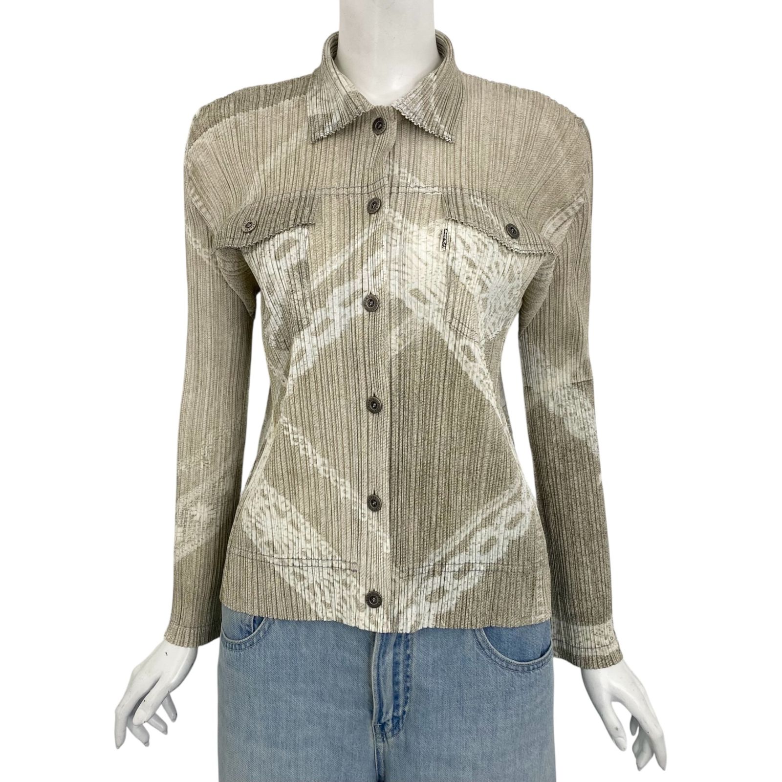 ISSEY MIYAKE イッセイミヤケ PLEATSEASE プリーツプリーズ シャツ 長袖 チェーン柄 デニム転写 グリーン サイズ3