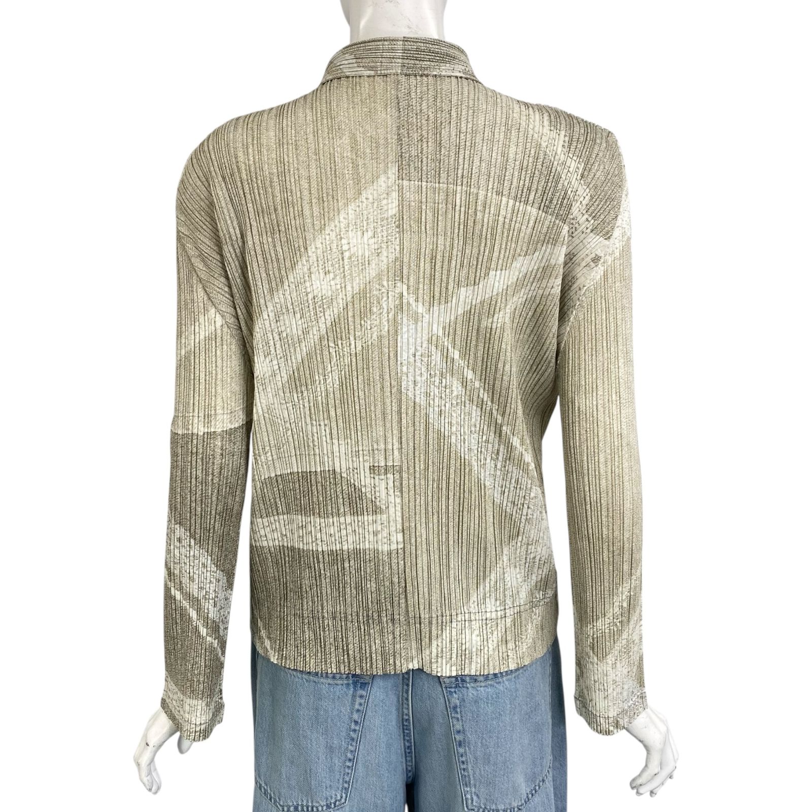 ISSEY MIYAKE イッセイミヤケ PLEATSEASE プリーツプリーズ シャツ 長袖 チェーン柄 デニム転写 グリーン サイズ3