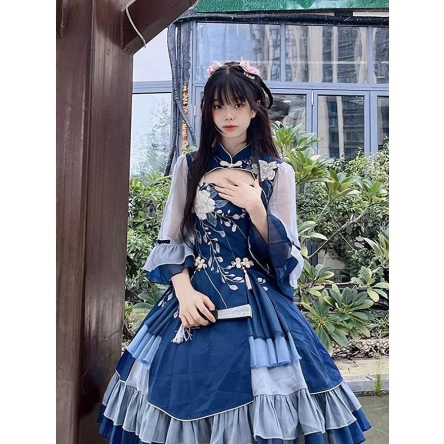 ロリータワンピースブルー 中華風 漢要素 プリンセススカート かわいい 日系ドレス 服 Lolita スカート 衣装 ジャンパースカート 洋服 コス 高品質
