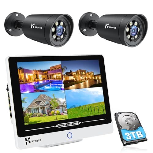 2025 500万高画素 暗視 防犯KEOYEE 防犯カメラセット POE有線接続 12インチ モニター付き poe監視カメラ 2台セット3TB HDD内蔵 H.265 録音 録画 IP66防水防塵 遠隔監視 AI人体検出 屋内 屋外 最