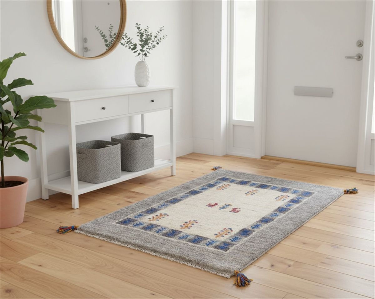 ペルシャ ギャッベ 玄関マット ラグ 88 x 65㎝ 生命の木 ヤギ アイボリー Gray RJ 14935