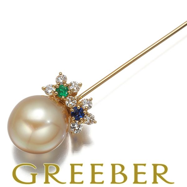 TASAKI タサキ ブローチ ゴールデンパール 真珠 11.0mm ダイヤ ダイヤモンド 0.28ct エメラルド サファイア K18YG 178399