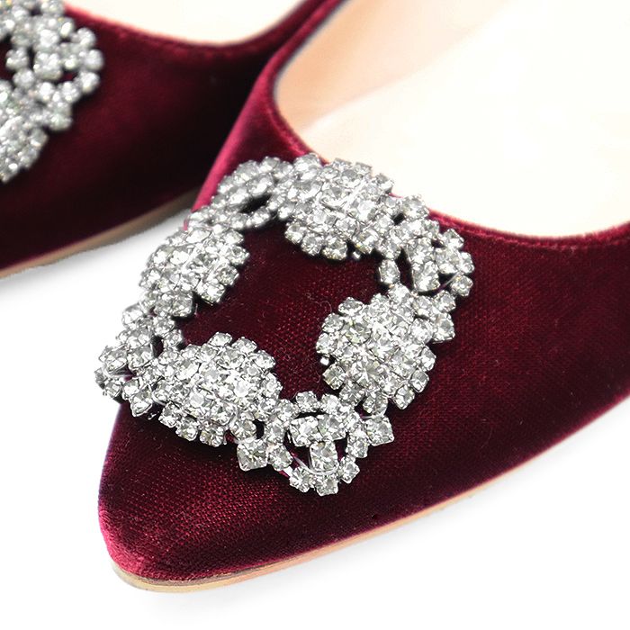 MANOLO BLAHNIK マノロブラニク フラットシューズ Hangisi Flat ハンギシフラット ベロア ベルベット クリスタルビジュー 装飾 ポインテッドトゥ パンプス シューズ 靴 袋付属 レディース サイズ 37 バーガンディ 伊製